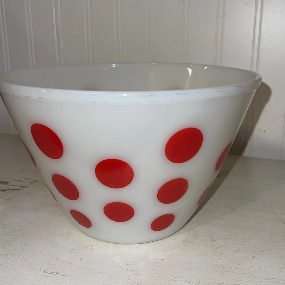 Vintage Fire King Oven Ware Polka Dot mixing bowl 5.5” x 8.5”